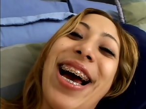 Kat shows her body and gives a great deepthroat blowjob