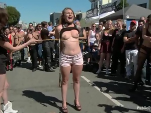 Hot blonde gets clothespinned and gagged in public