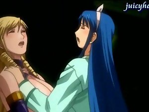 Anime lesbians masturbating with a double dildo