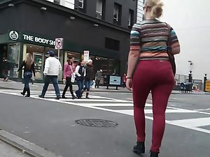 Blondie PAWG in tough red jeans on the street