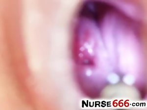 Light-haired nurse nympho Gabriela opens her pussy with fingers