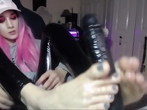 Goth Tranny Femboy Trap Gives Oily Footjob With Her Cute Feet BBC Dildo